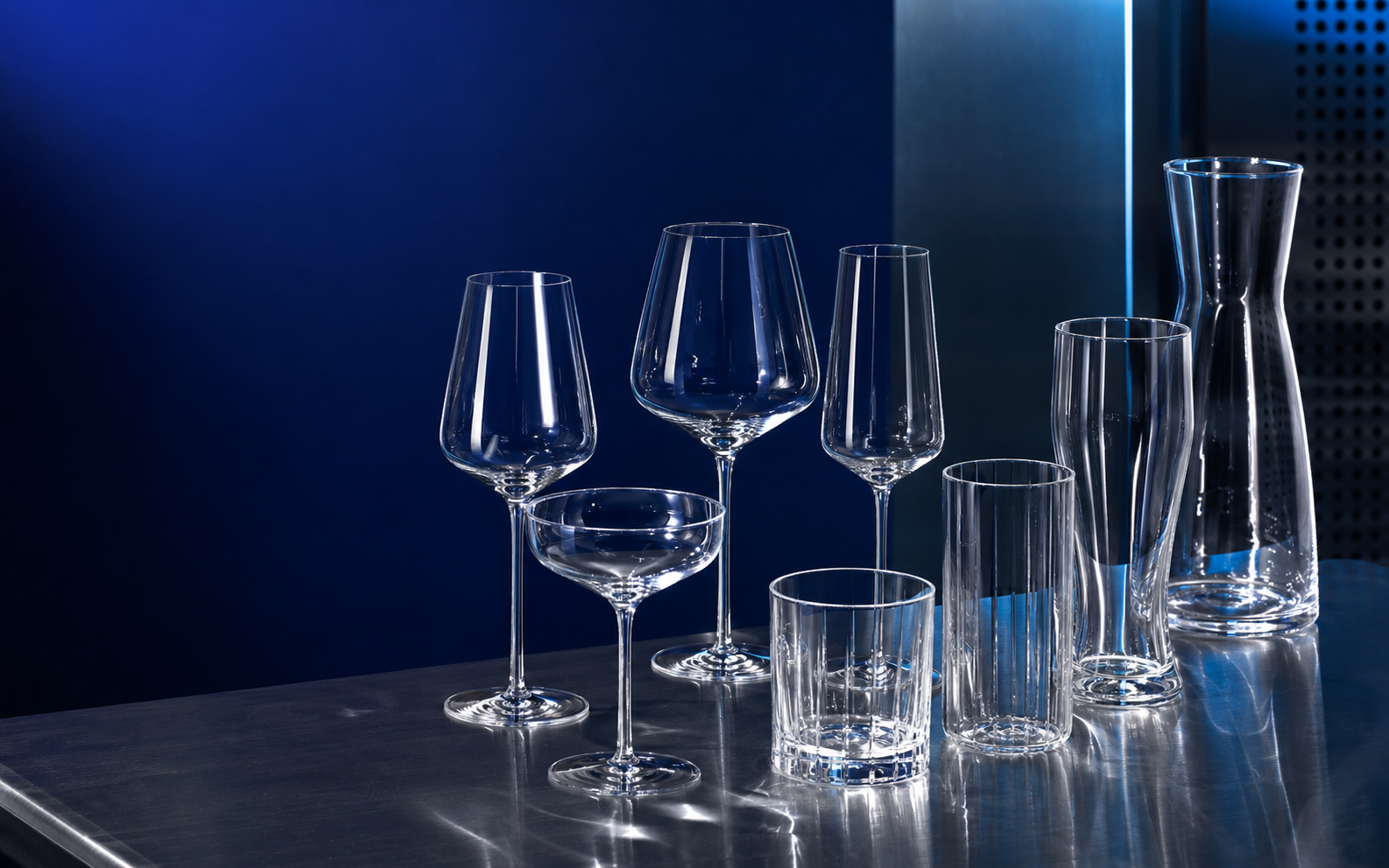 A coordinated range of clear hospitality glassware on a steel surface